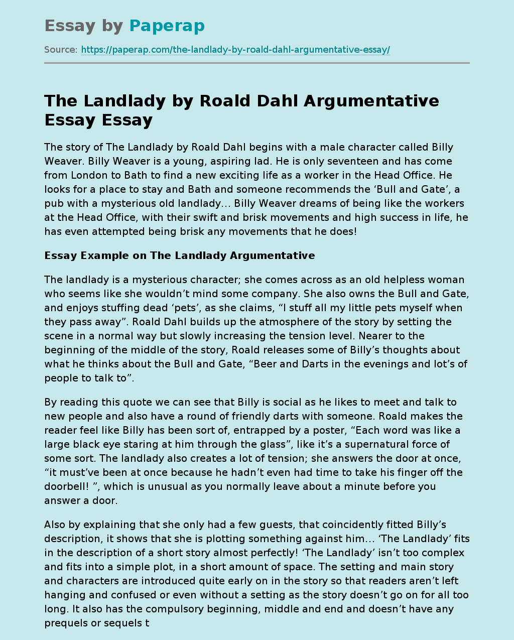 The Landlady by Roald Dahl Argumentative Essay