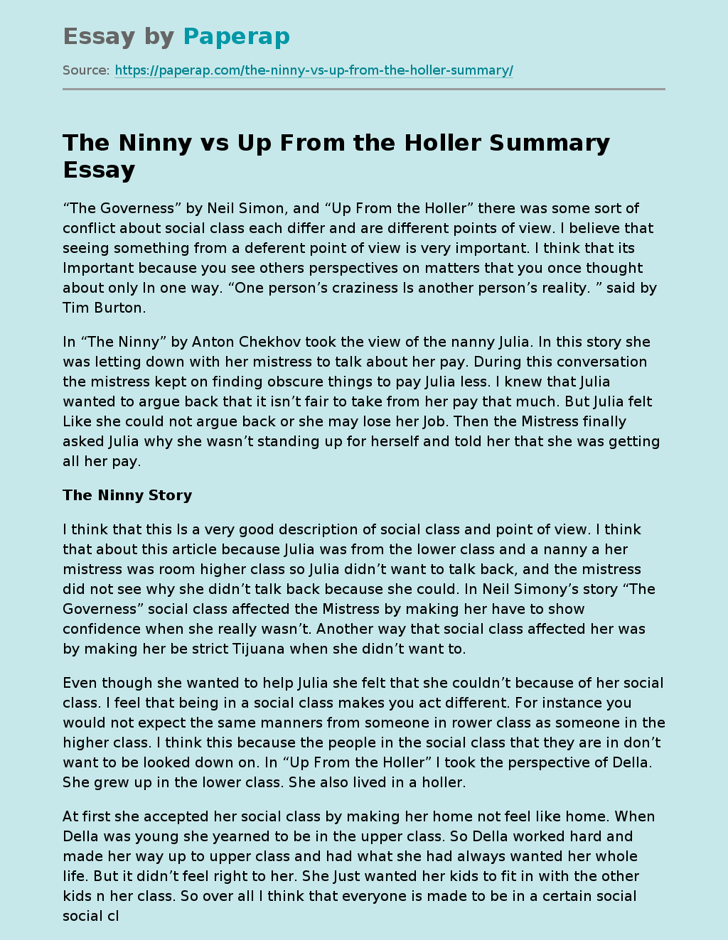 The Ninny vs Up From the Holler Summary