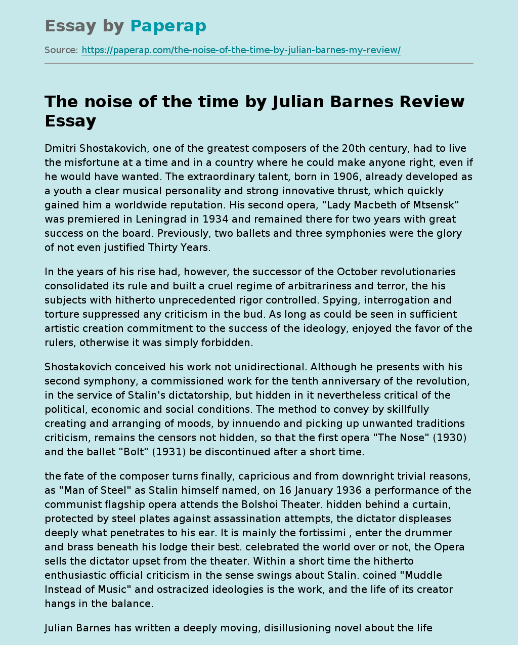 “The Noise of the Time” by Julian Barnes