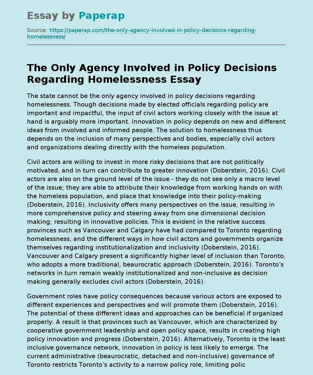 The Only Agency Involved in Policy Decisions Regarding Homelessness