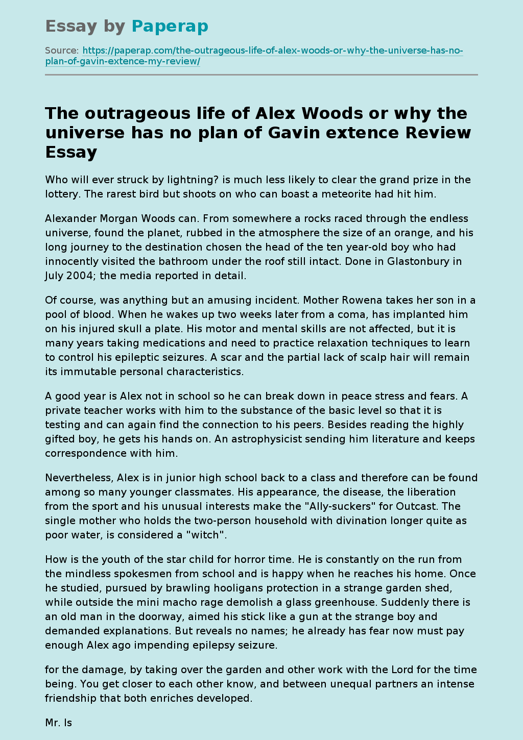 The outrageous life of Alex Woods or why the universe has no plan of Gavin extence Review