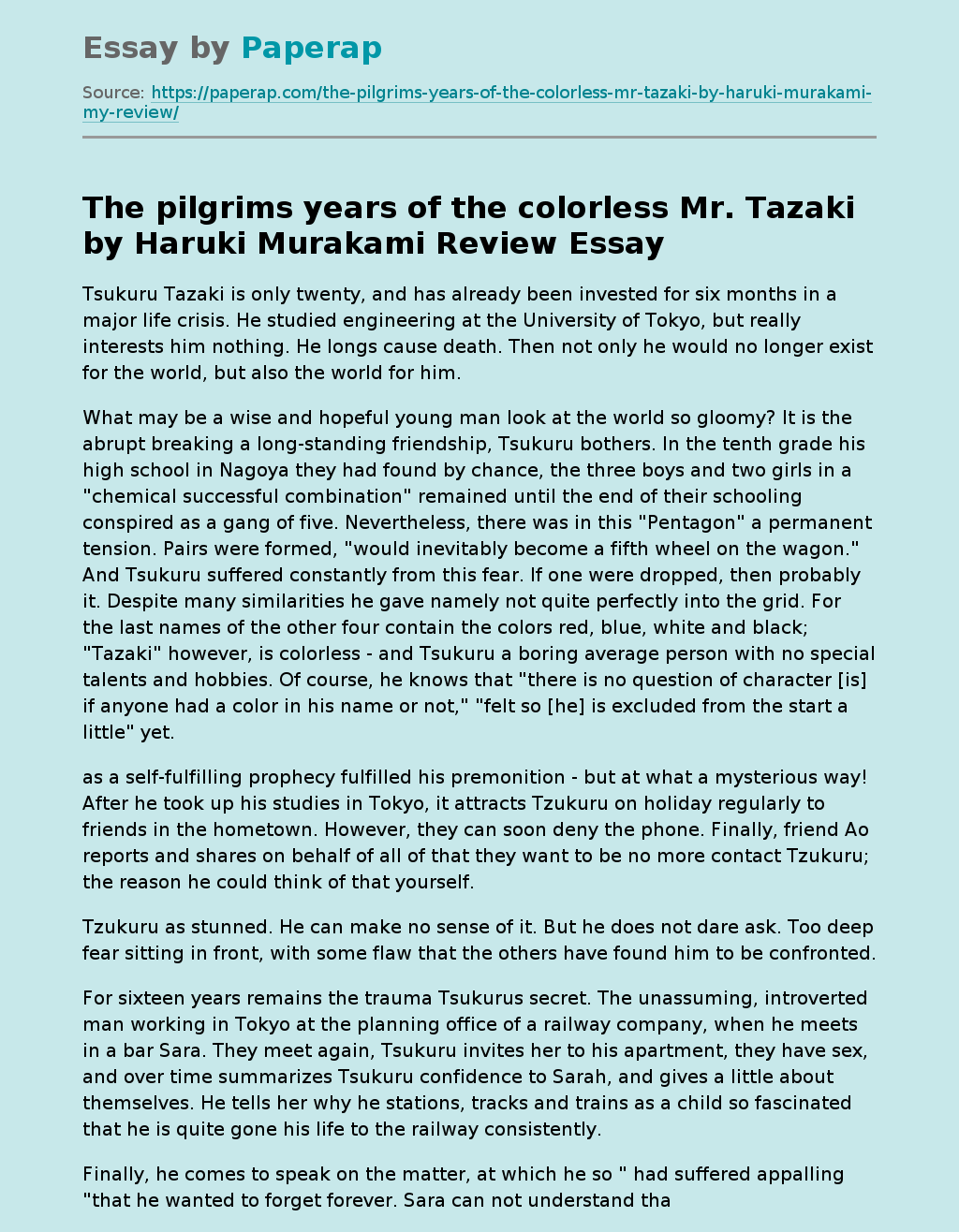 "The pilgrims years of the colorless Mr. Tazaki" by Haruki Murakami. Review