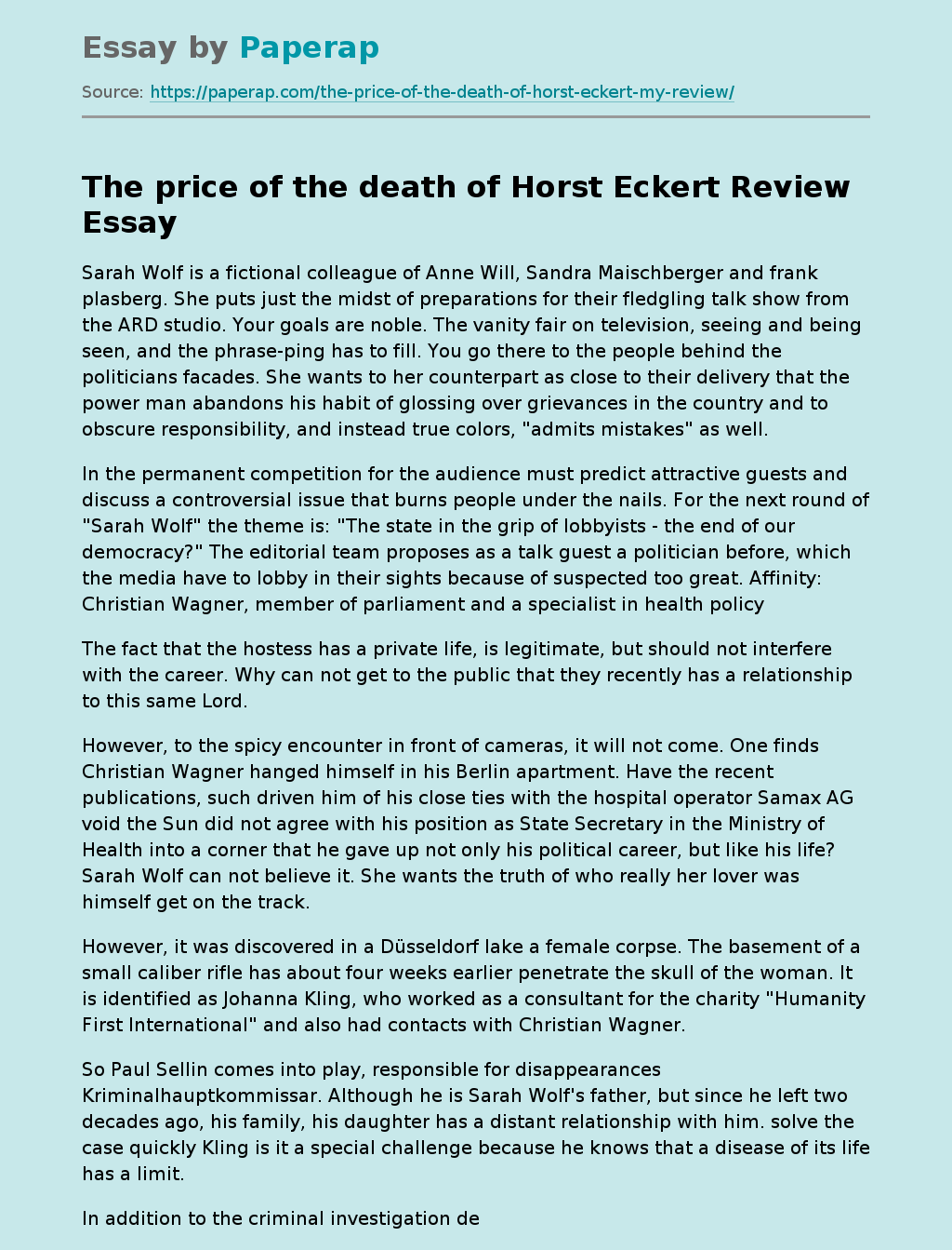The price of the death of Horst Eckert Review
