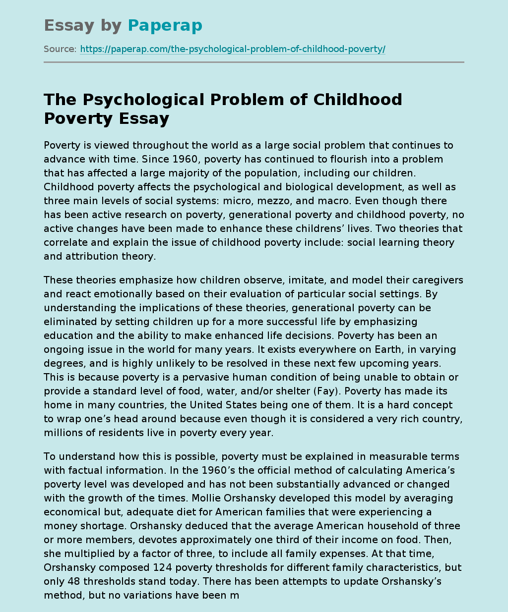 The Psychological Problem of Childhood Poverty