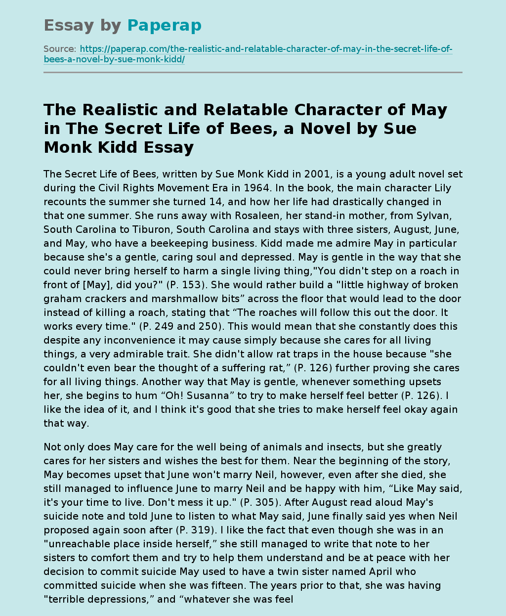 The Realistic and Relatable Character of May in The Secret Life of Bees, a Novel by Sue Monk Kidd