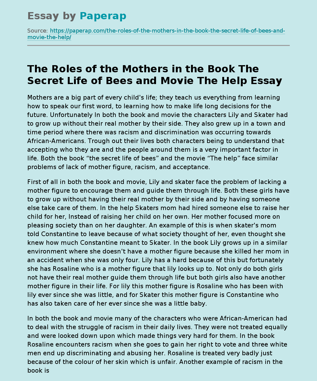 The Roles of the Mothers in the Book The Secret Life of Bees and Movie The Help