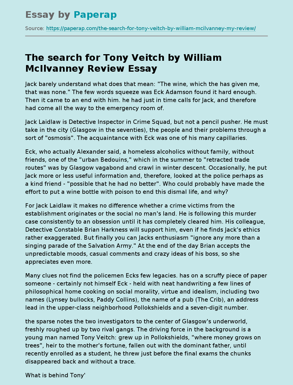 The search for Tony Veitch by William McIlvanney Review