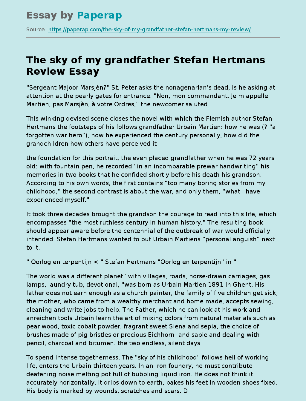 "The Sky Of My Grandfather" By Stefan Hertmans