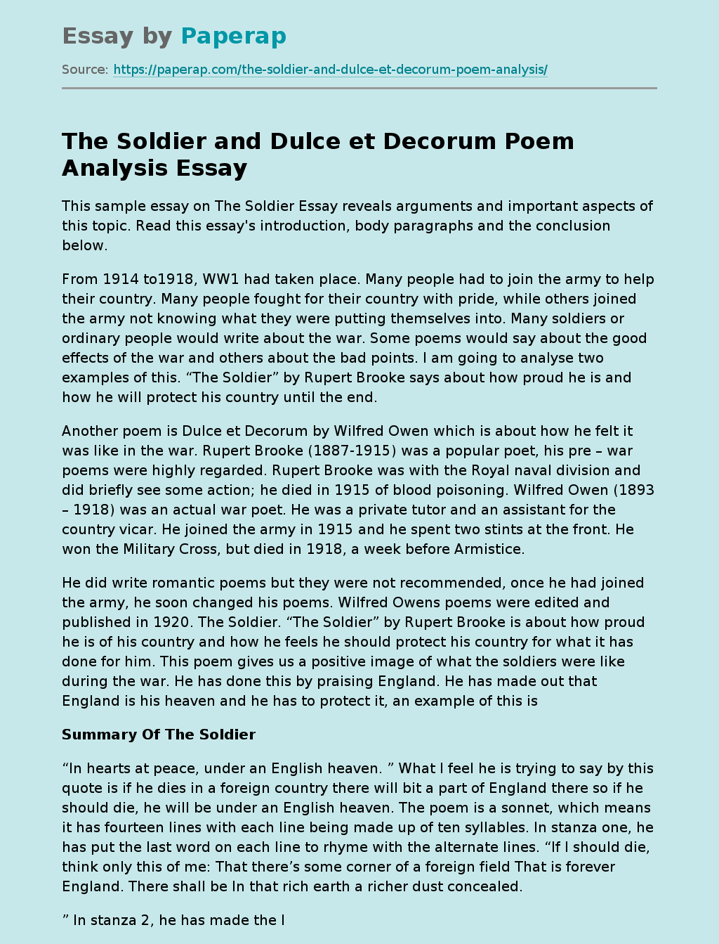 The Soldier and Dulce et Decorum Poem Analysis