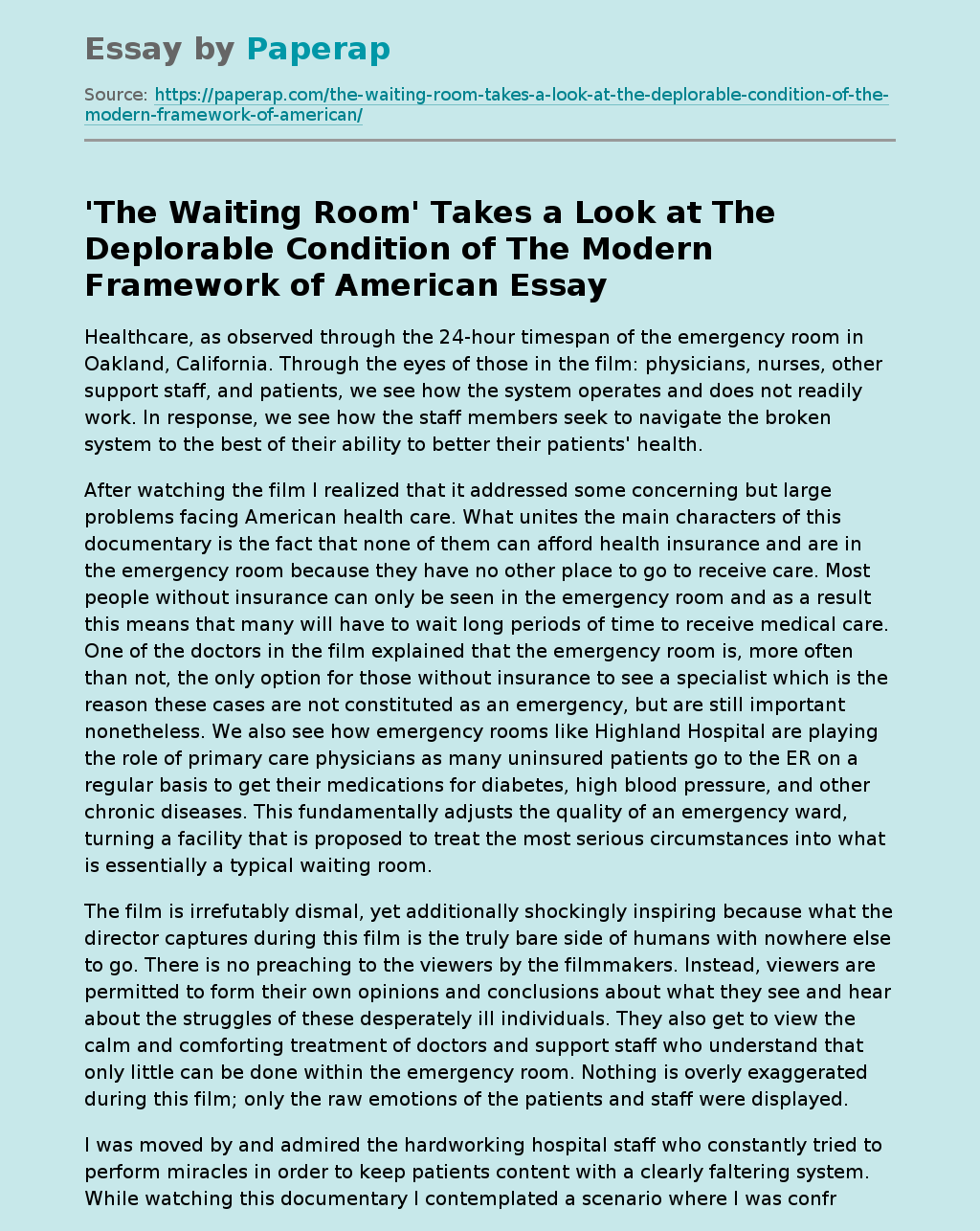 'The Waiting Room' Takes a Look at The Deplorable Condition of The Modern Framework of American
