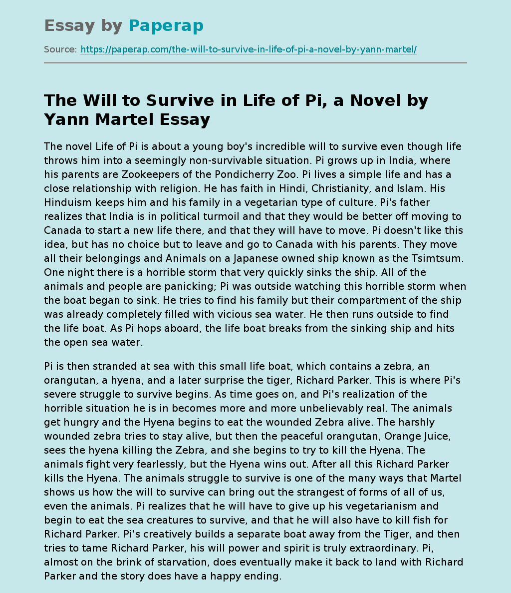 The Will to Survive in Life of Pi, a Novel by Yann Martel