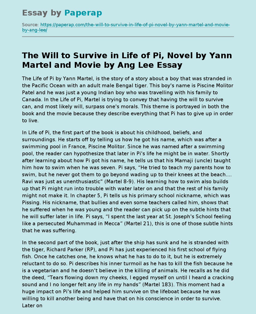 The Will to Survive in Life of Pi, Novel by Yann Martel and Movie by Ang Lee