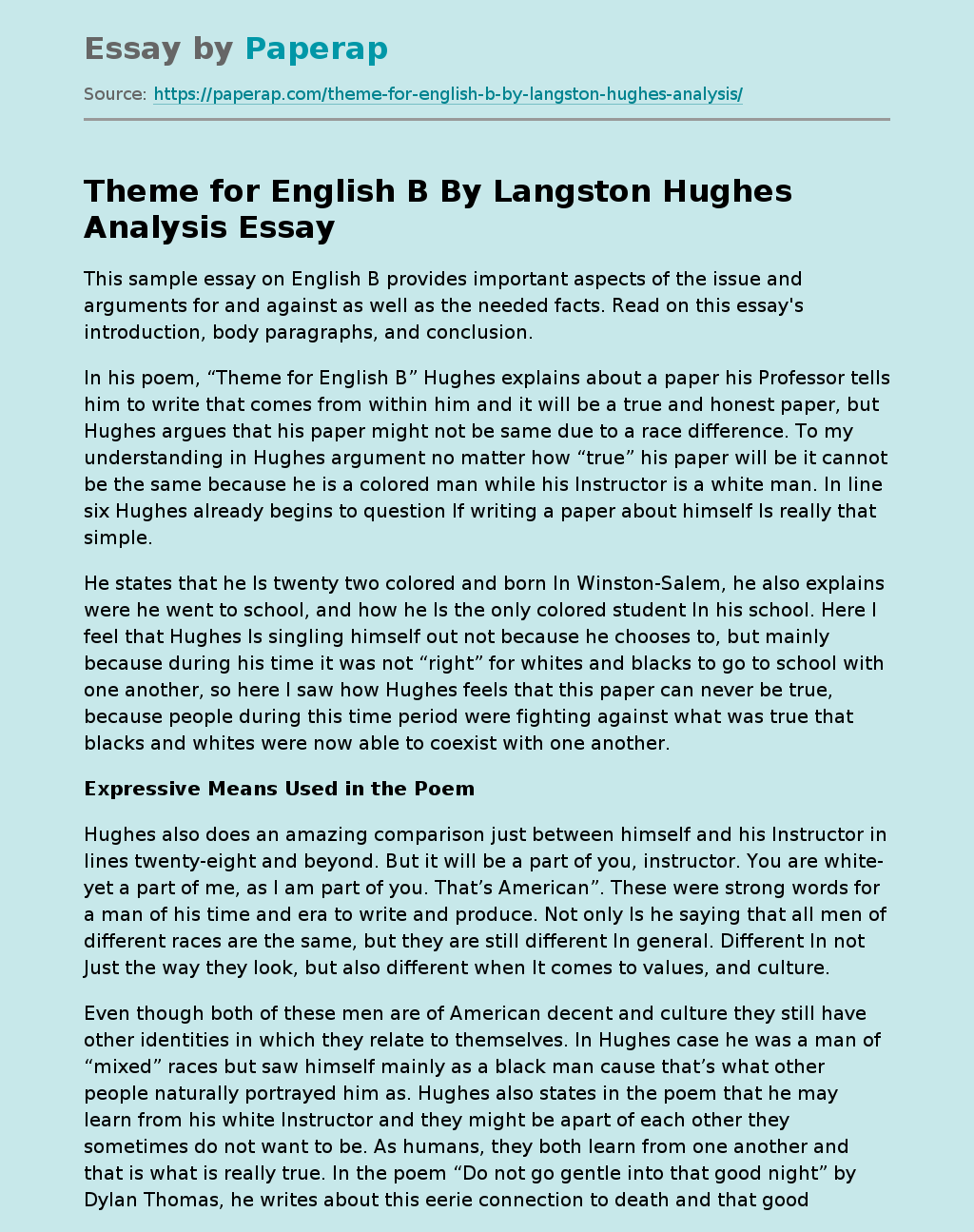 Theme for English B By Langston Hughes Analysis