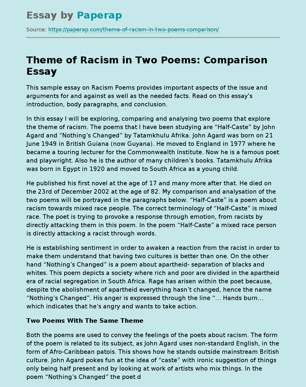 Theme of Racism in Two Poems: Comparison