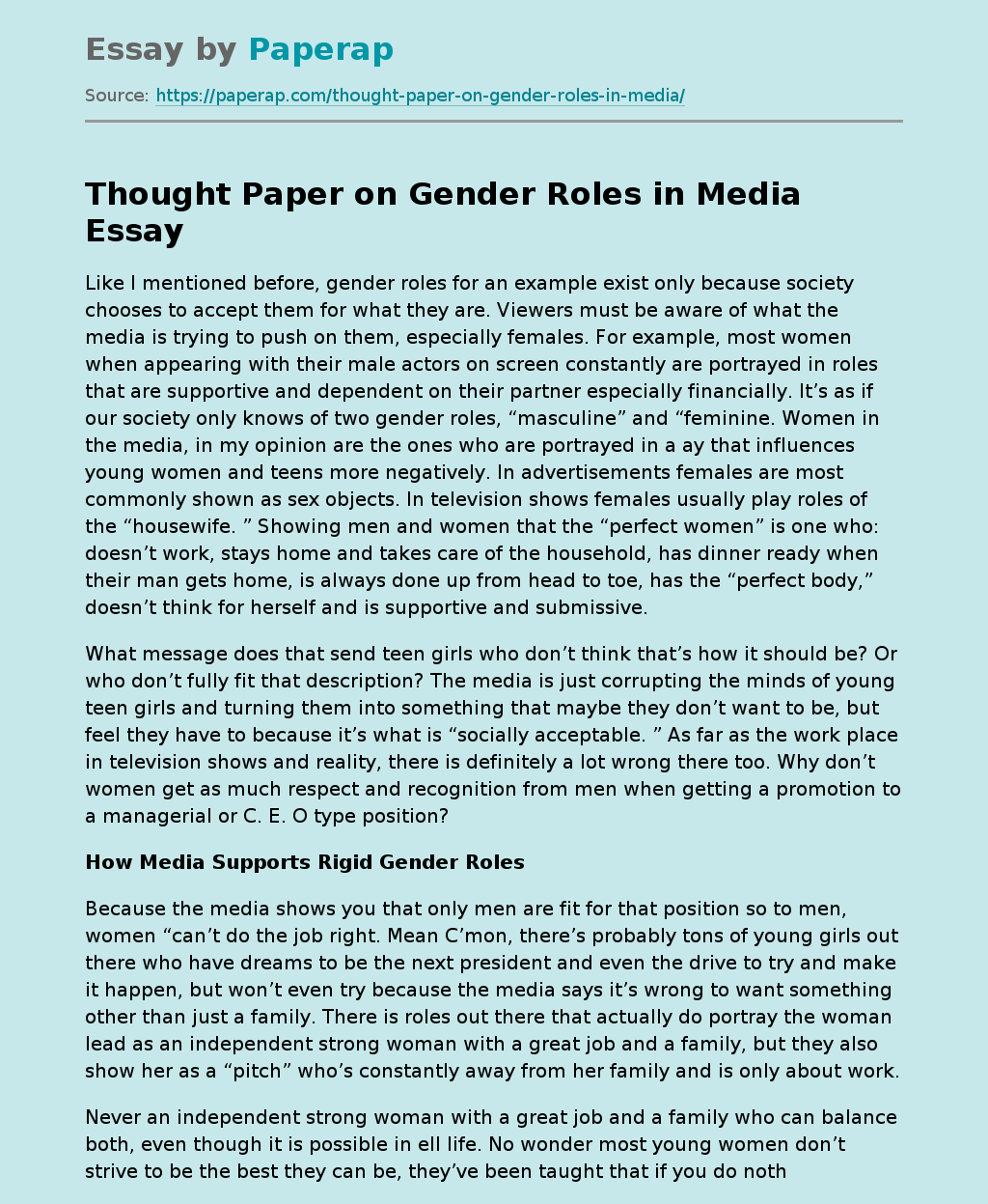 Thought Paper on Gender Roles in Media