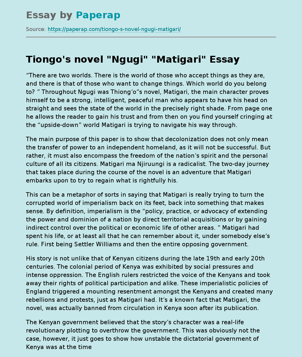 Tiongo's novel "Ngugi" "Matigari"