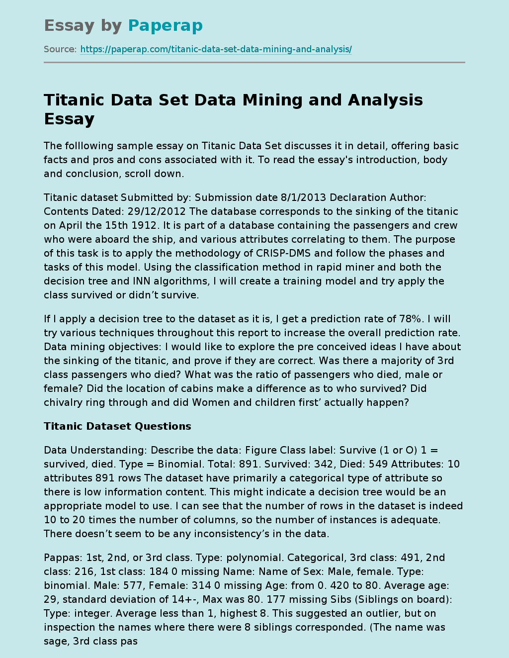 Titanic Data Set Data Mining and Analysis