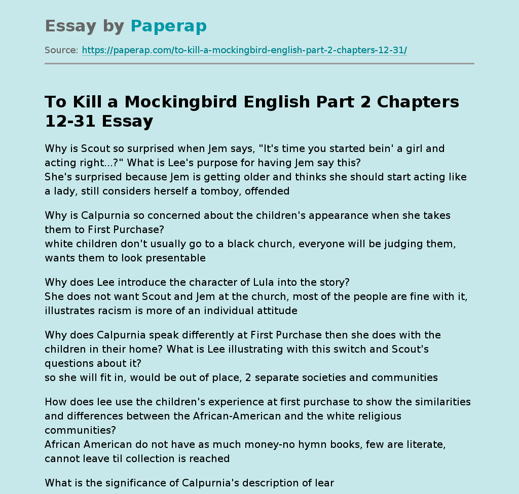 To Kill a Mockingbird English Part 2 Chapters 12-31
