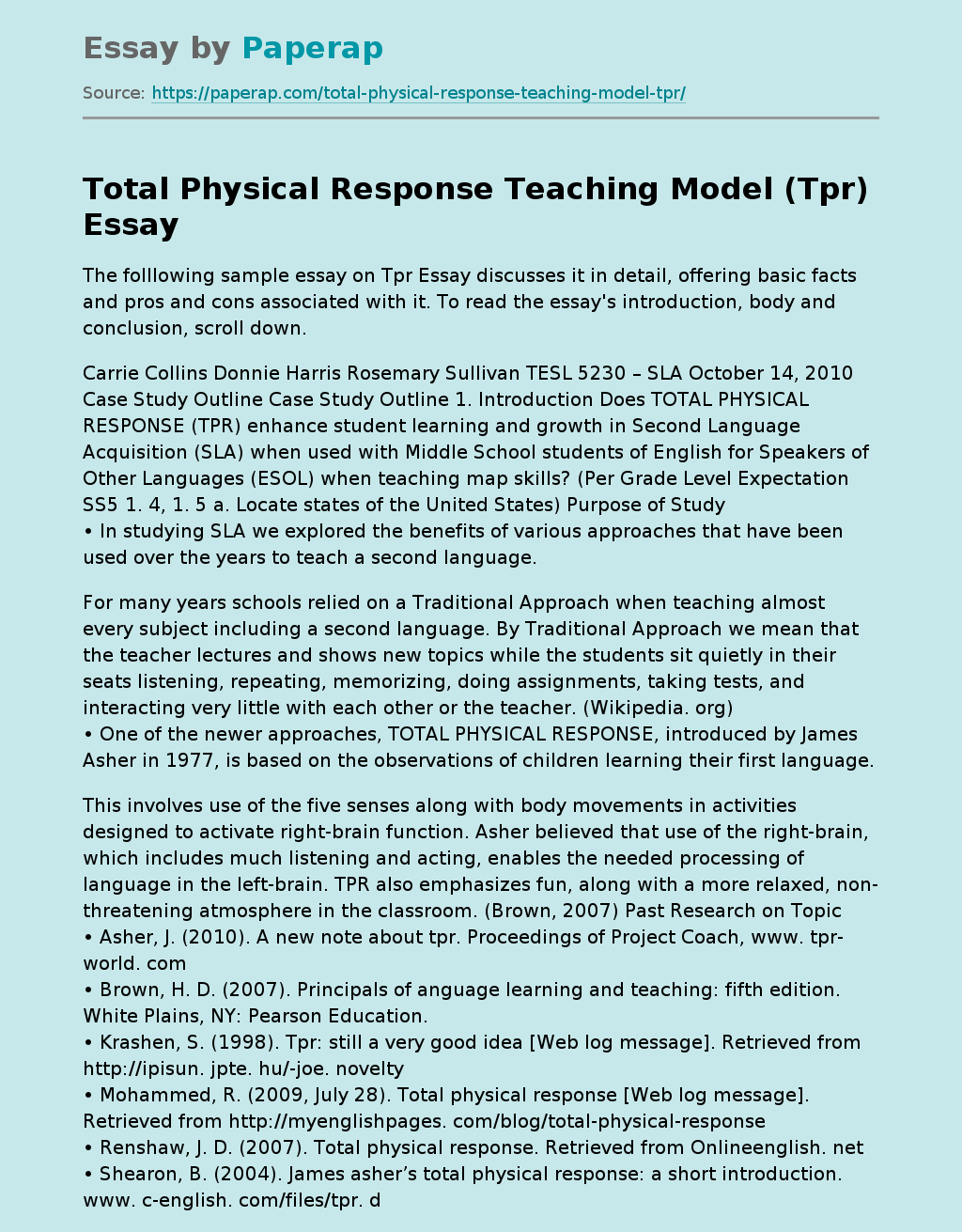 Total Physical Response Teaching Model (Tpr)