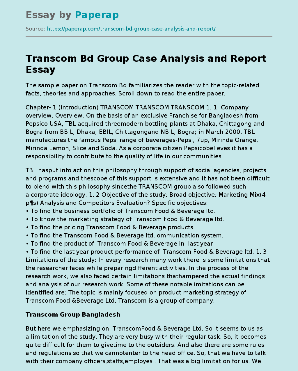 Transcom Bd Group Case Analysis and Report