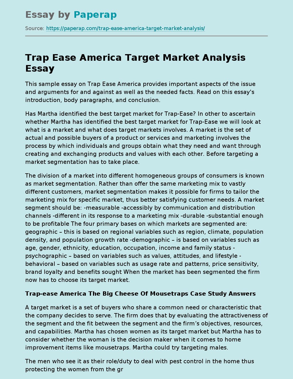 Trap Ease America Target Market Analysis