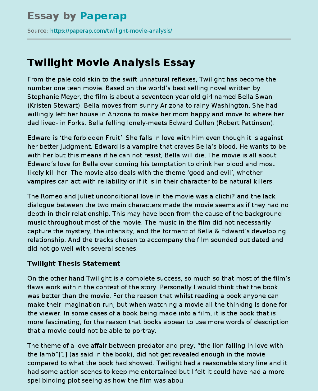 Twilight Movie Analysis Review Essay Example