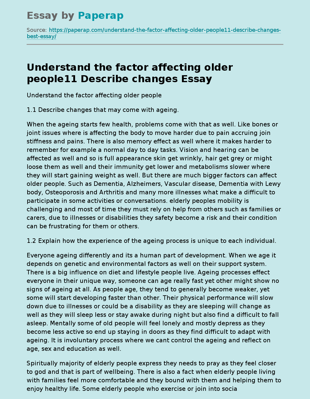 Understand the factor affecting older people11 Describe changes
