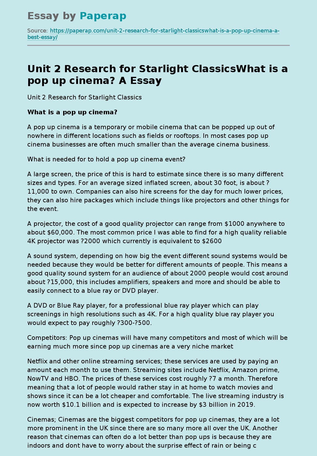 Unit 2 Research for Starlight ClassicsWhat is a pop up cinema? A