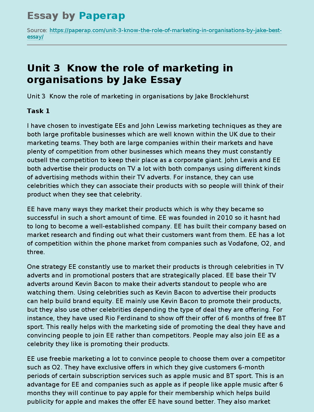 Unit 3  Know the role of marketing in organisations by Jake