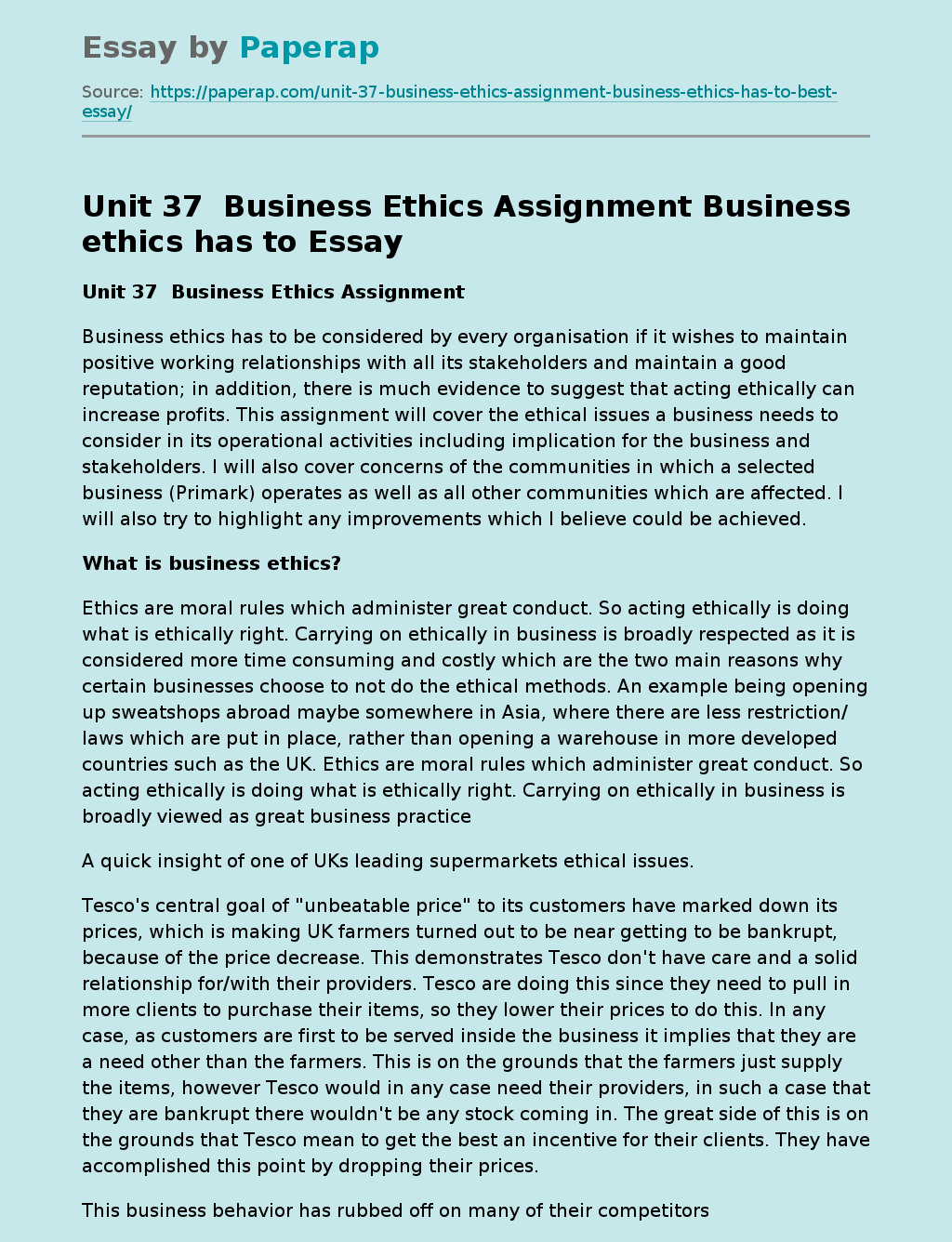 Unit 37  Business Ethics Assignment Business ethics has to