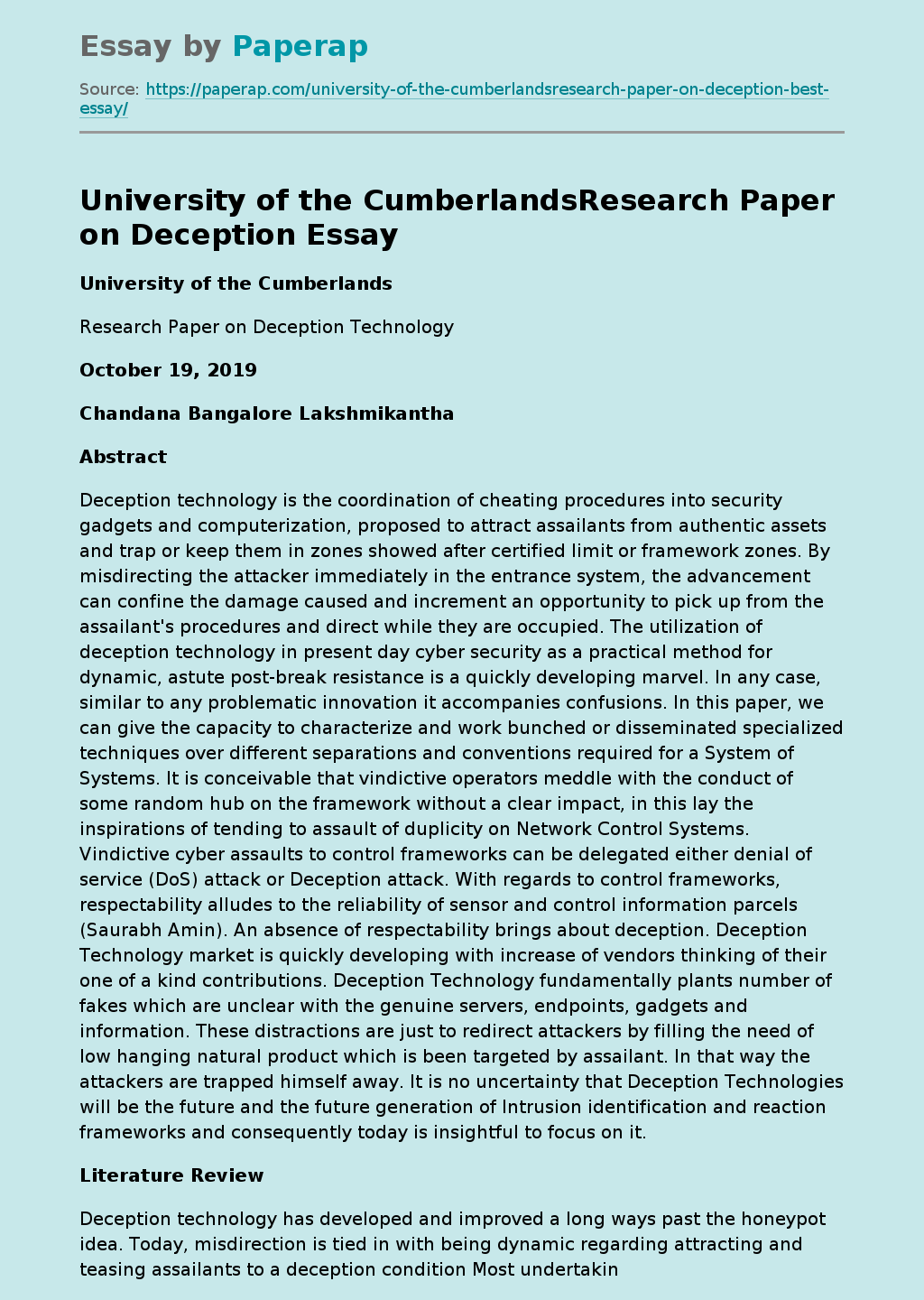 University of the Cumberlands Research Paper on Deception