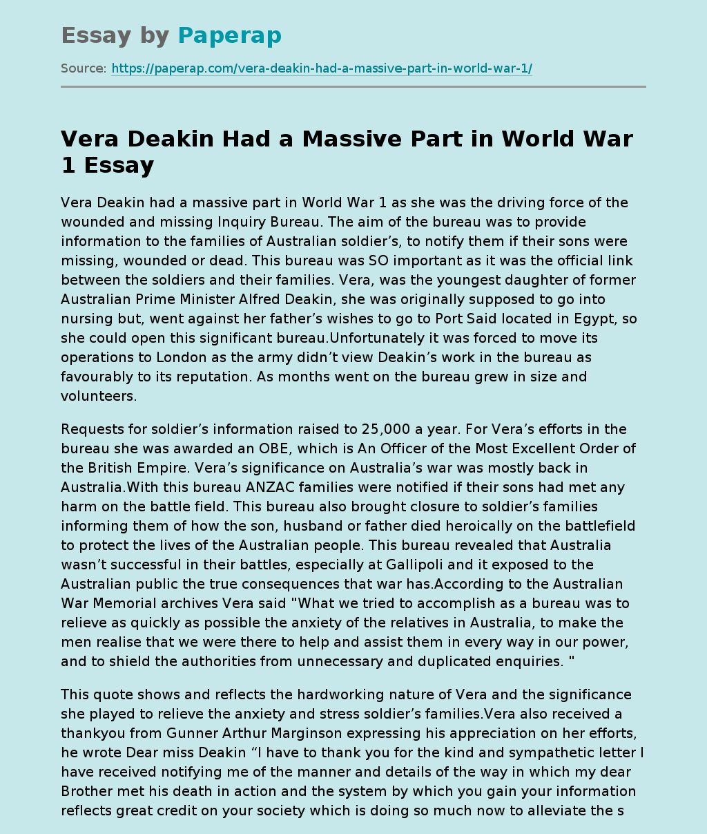 Vera Deakin’s Participation in the First World War