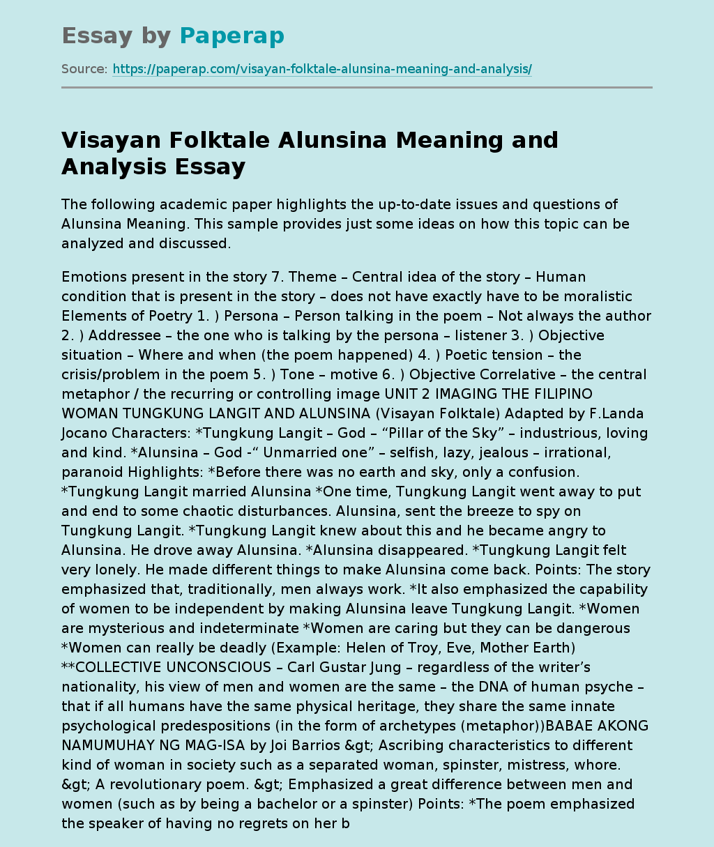 Visayan Folktale Alunsina Meaning and Analysis