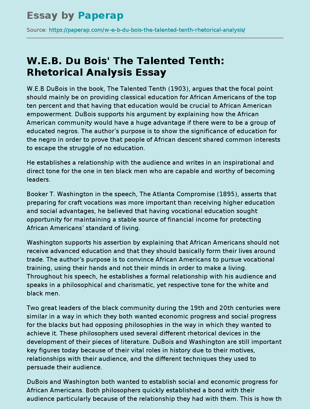 W.E.B. Du Bois' The Talented Tenth: Rhetorical Analysis
