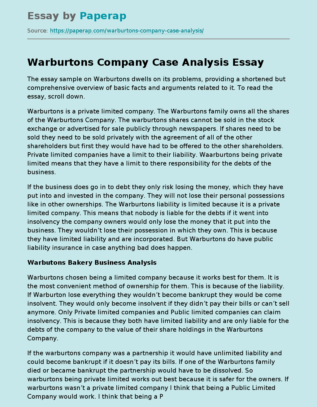 Warburtons Company Case Analysis