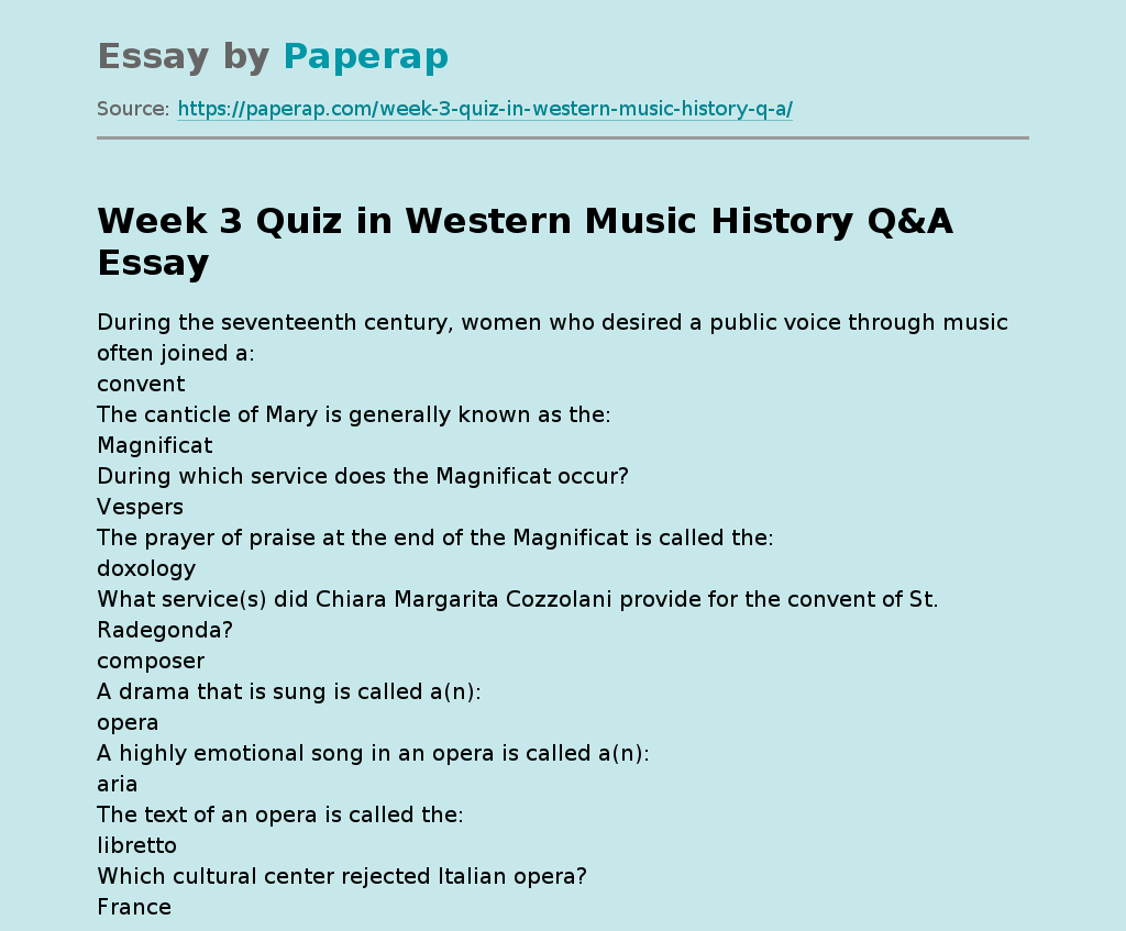 Week 3 Quiz in Western Music History Q&A