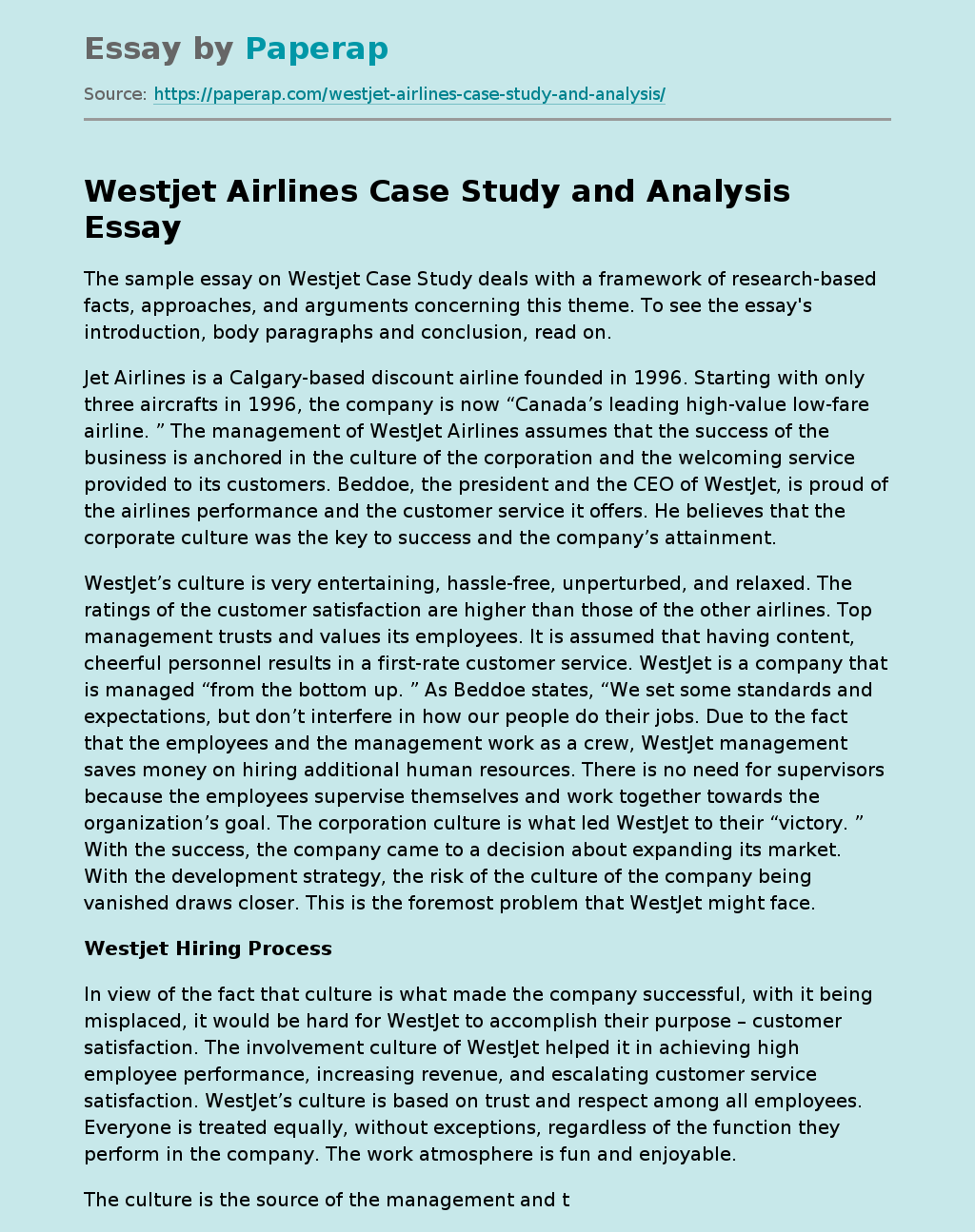 Westjet Airlines Case Study and Analysis