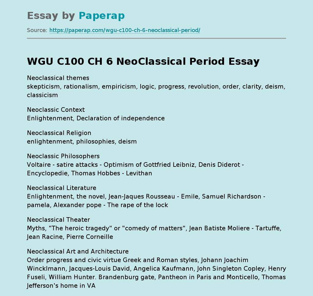WGU C100 CH 6 NeoClassical Period