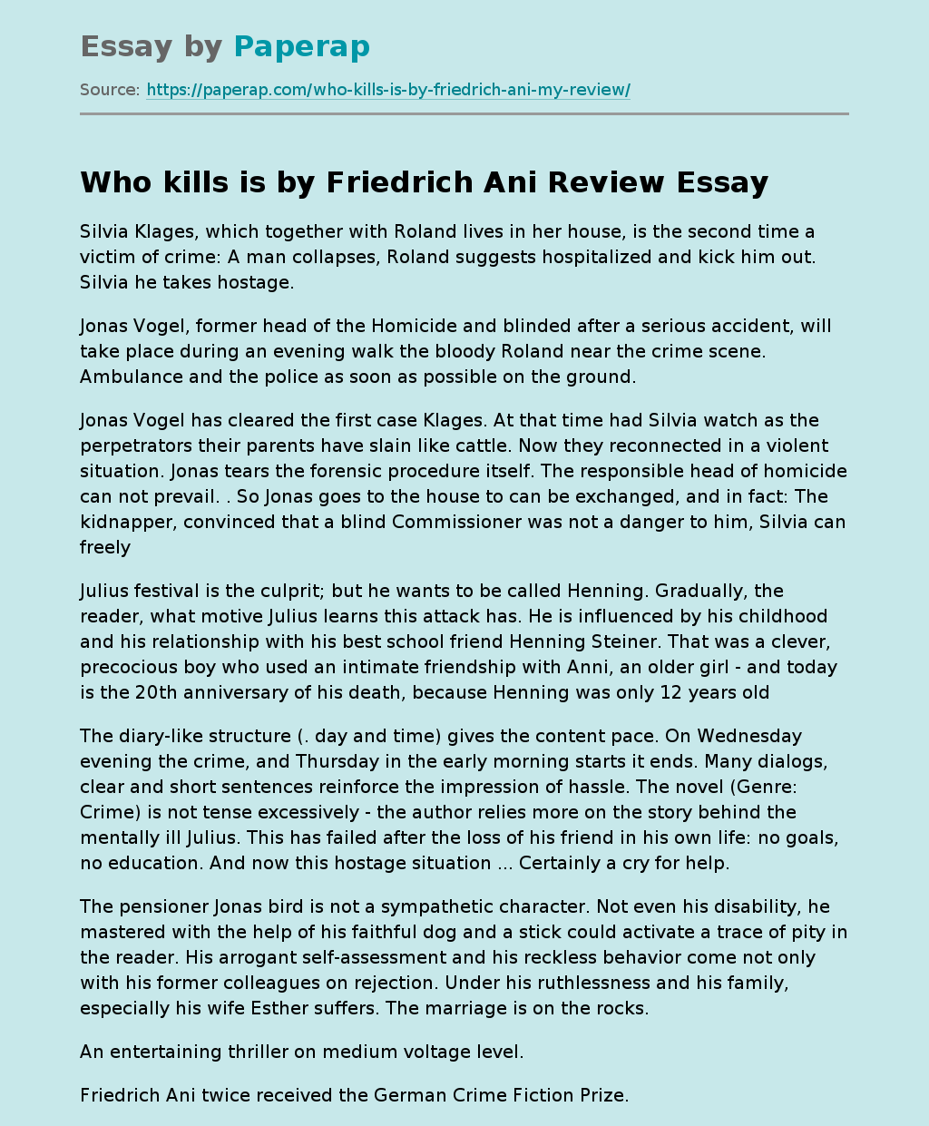 Who kills is by Friedrich Ani Review