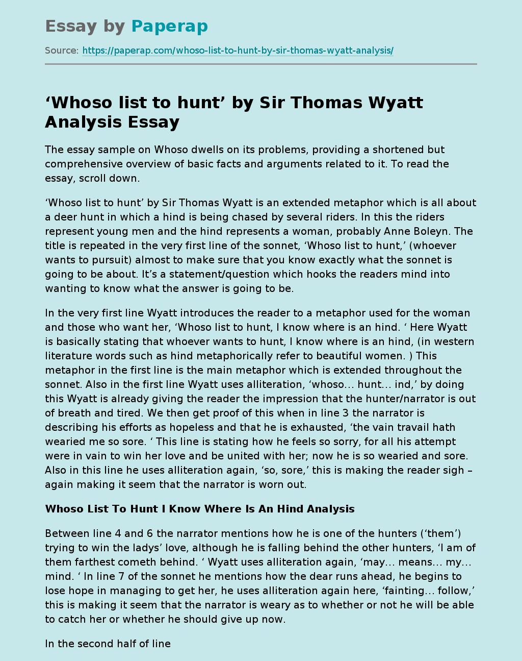 ‘Whoso list to hunt’ by Sir Thomas Wyatt Analysis