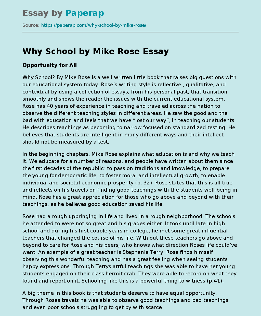 Why School by Mike Rose