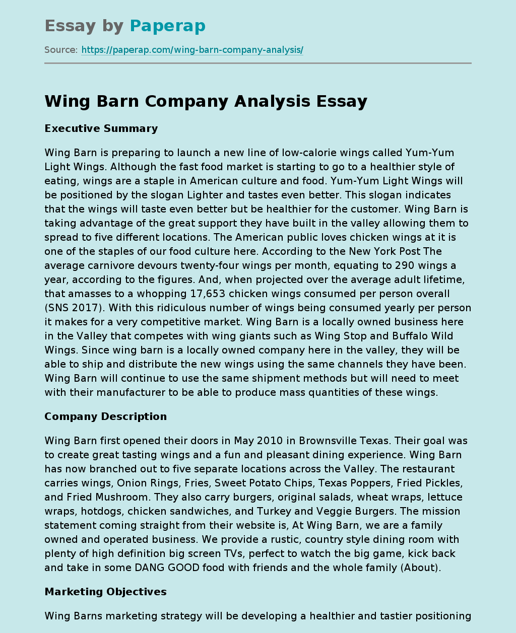 Wing Barn Company Analysis