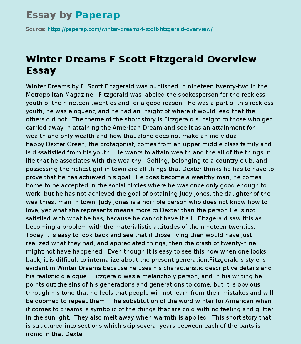 Winter Dreams F Scott Fitzgerald Overview