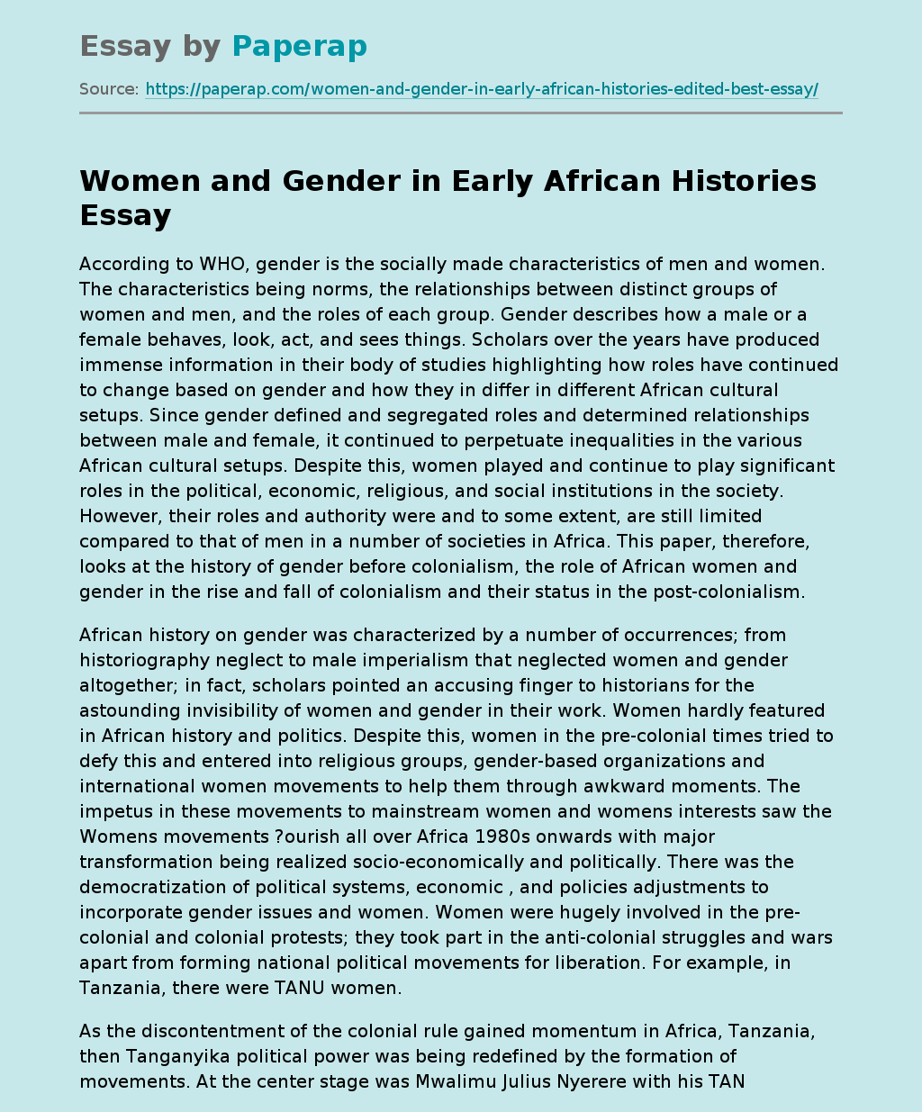 Women and Gender in Early African Histories