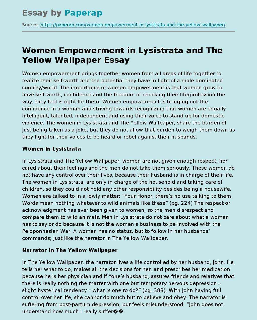 Women Empowerment in Lysistrata and The Yellow Wallpaper