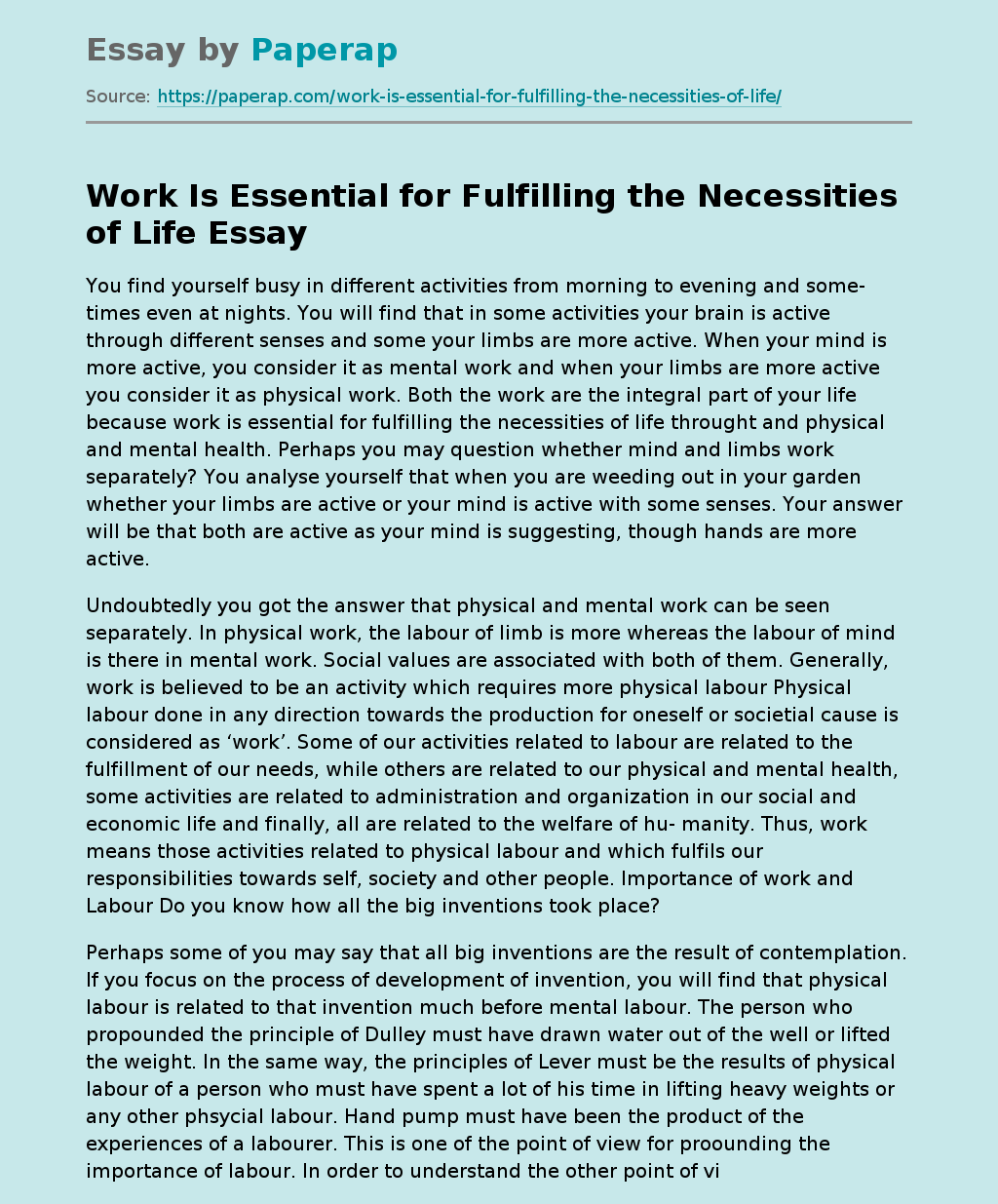 Work Is Essential for Fulfilling the Necessities of Life