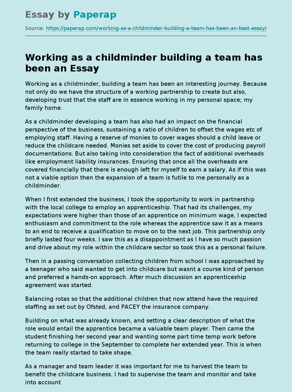 Working as a childminder building a team has been an