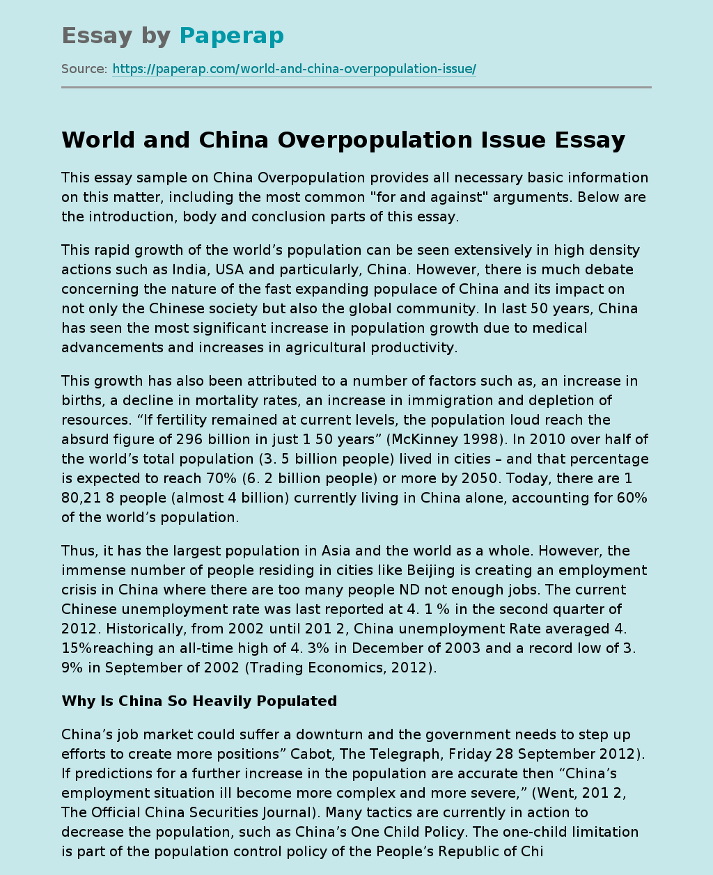 World and China Overpopulation Issue