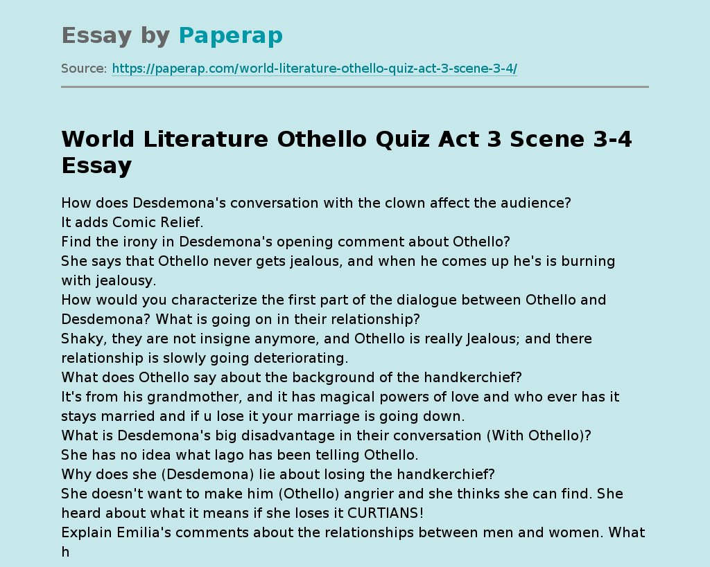 World Literature Othello Quiz Act 3 Scene 3-4