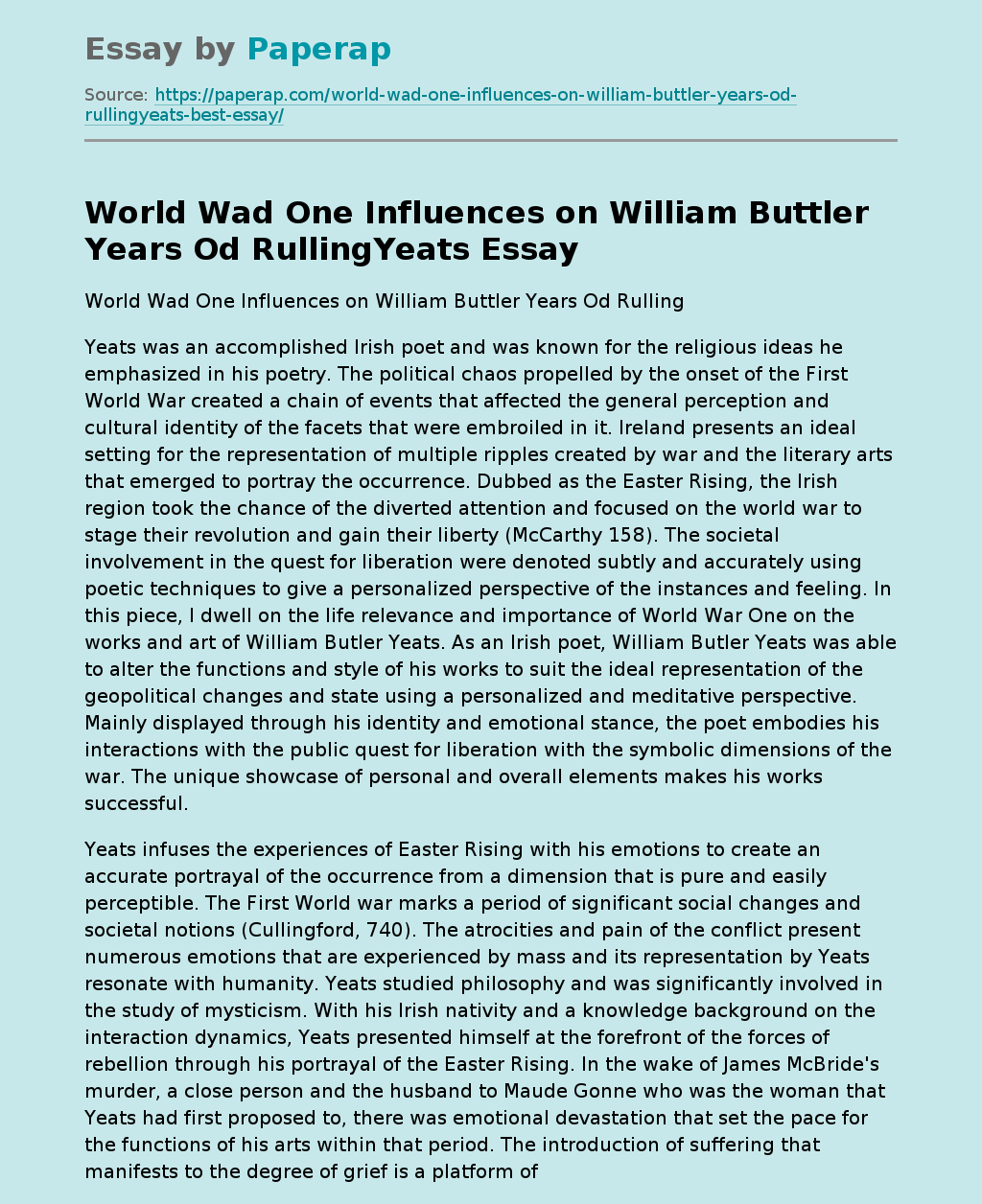 World Wad One Influences on William Buttler Years Od Rulling